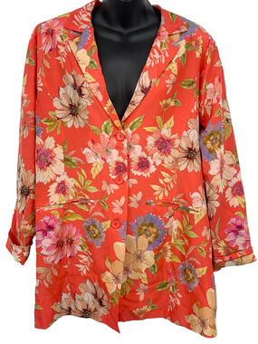 Johnny Was Red Floral Blazer Womens Medium Collared Silk Button Front V-neck